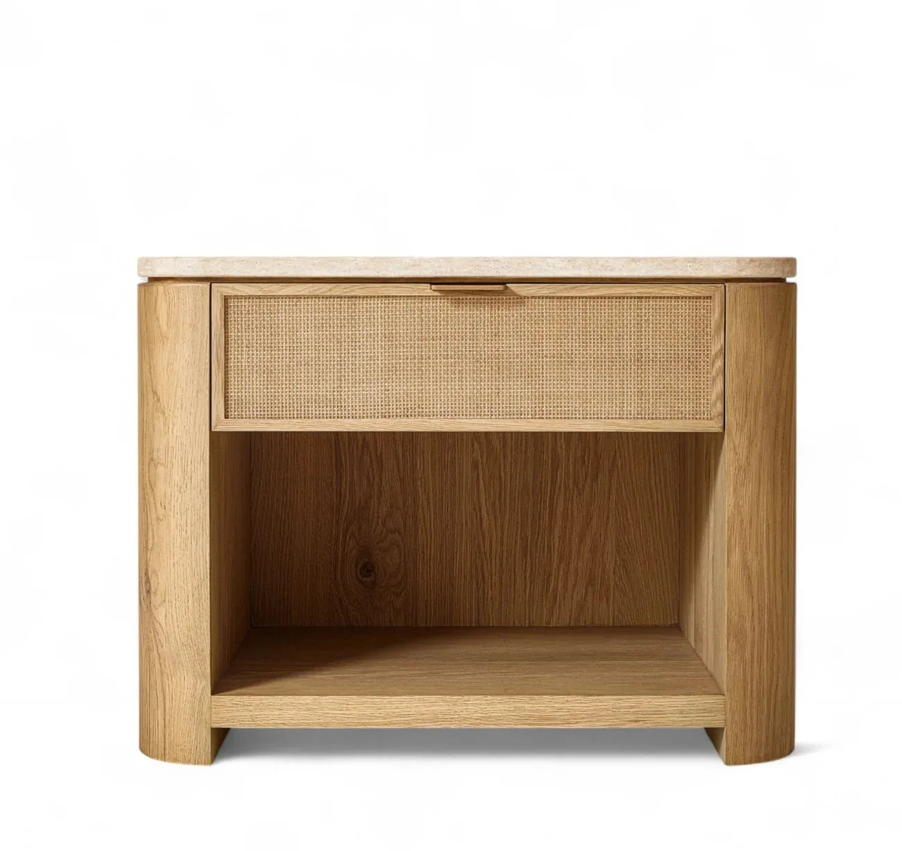 Nachttisch aus Holz mit drei Schubladen und Travertinplatte